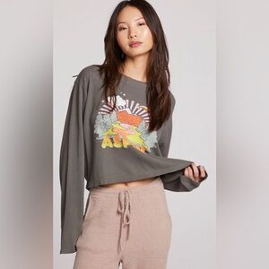Chaser Olive Green Graphic Cropped Long Sleeve Top